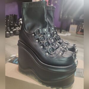 Demonia Wave 110 Platforms Boots Goth Spiked Emo Punk Shoes Vegan Chunky Black 7
